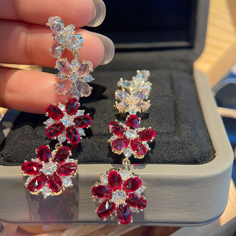 Gradient Flower Drop Earrings – Ombre Zirconia Long Earrings with