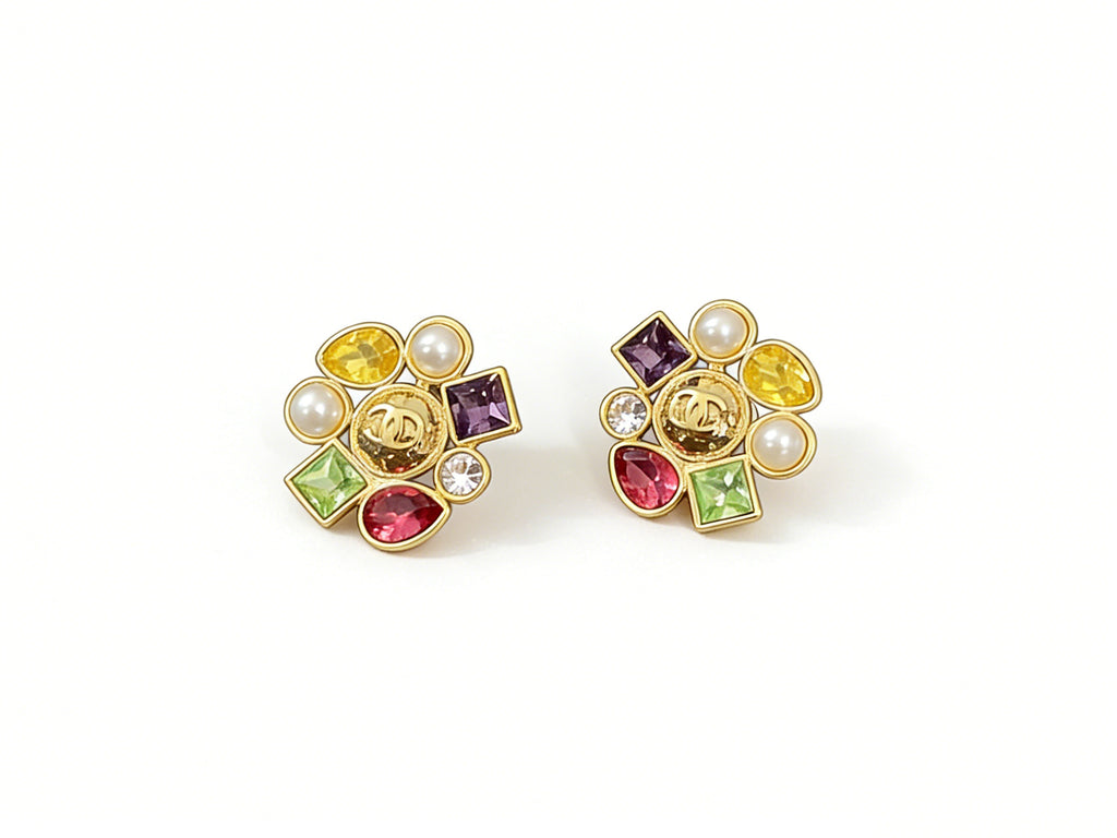 Candy‑Color Square Gem Double‑C Earrings – Gold Flower Base with Baroque Pearl