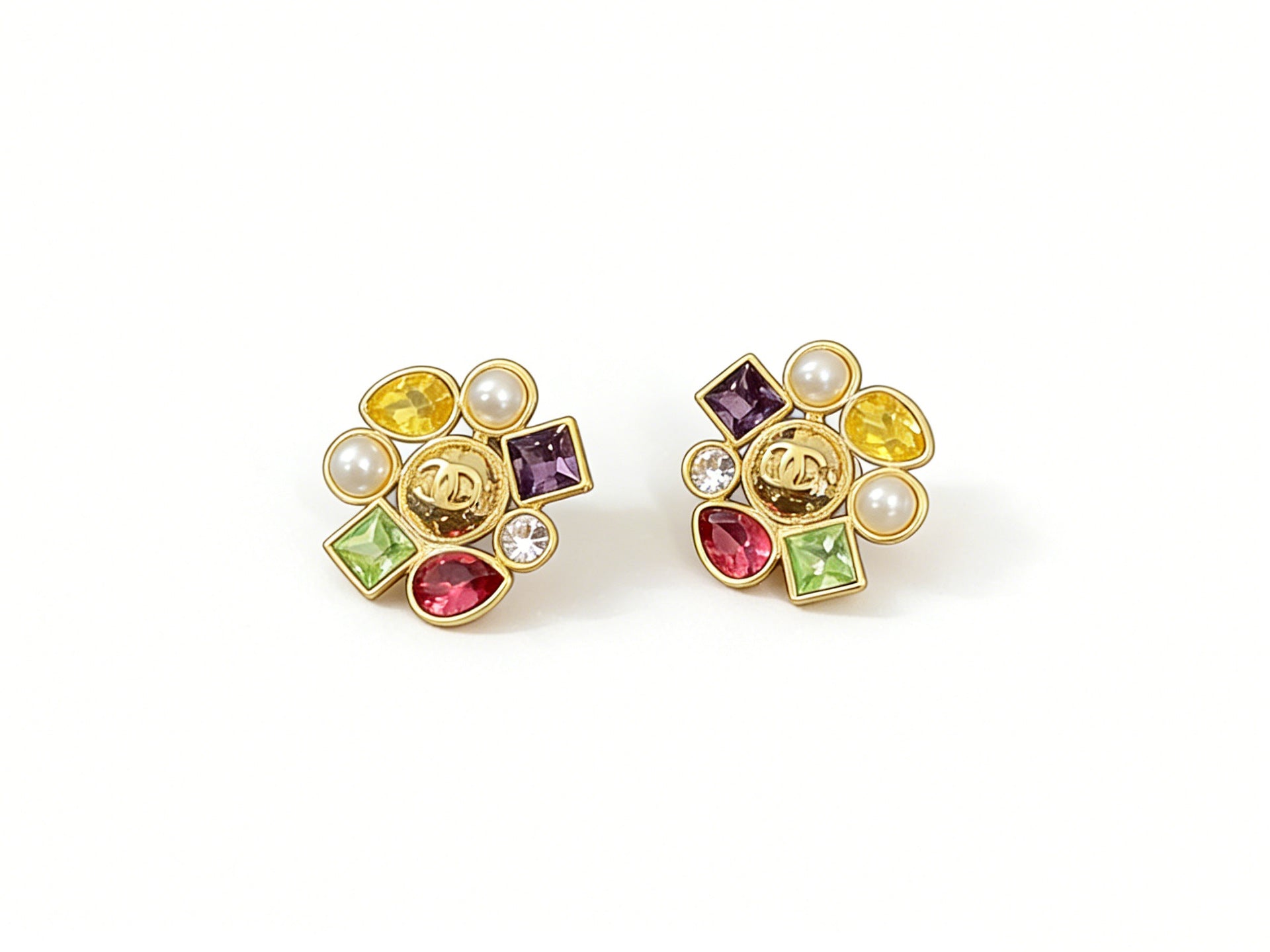 Candy‑Color Square Gem Double‑C Earrings – Gold Flower Base with Baroque Pearl