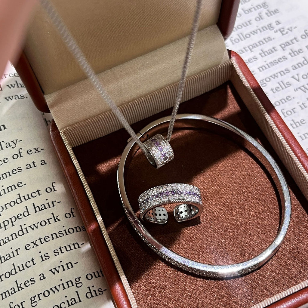 Full Pavé Zirconia 3-Piece Set – Vintage Style Necklace, Ring & Bangle in Purple Tone