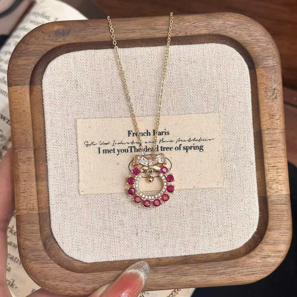 Candy Bow Necklace – Champagne Gold with Blue or Red Pendant