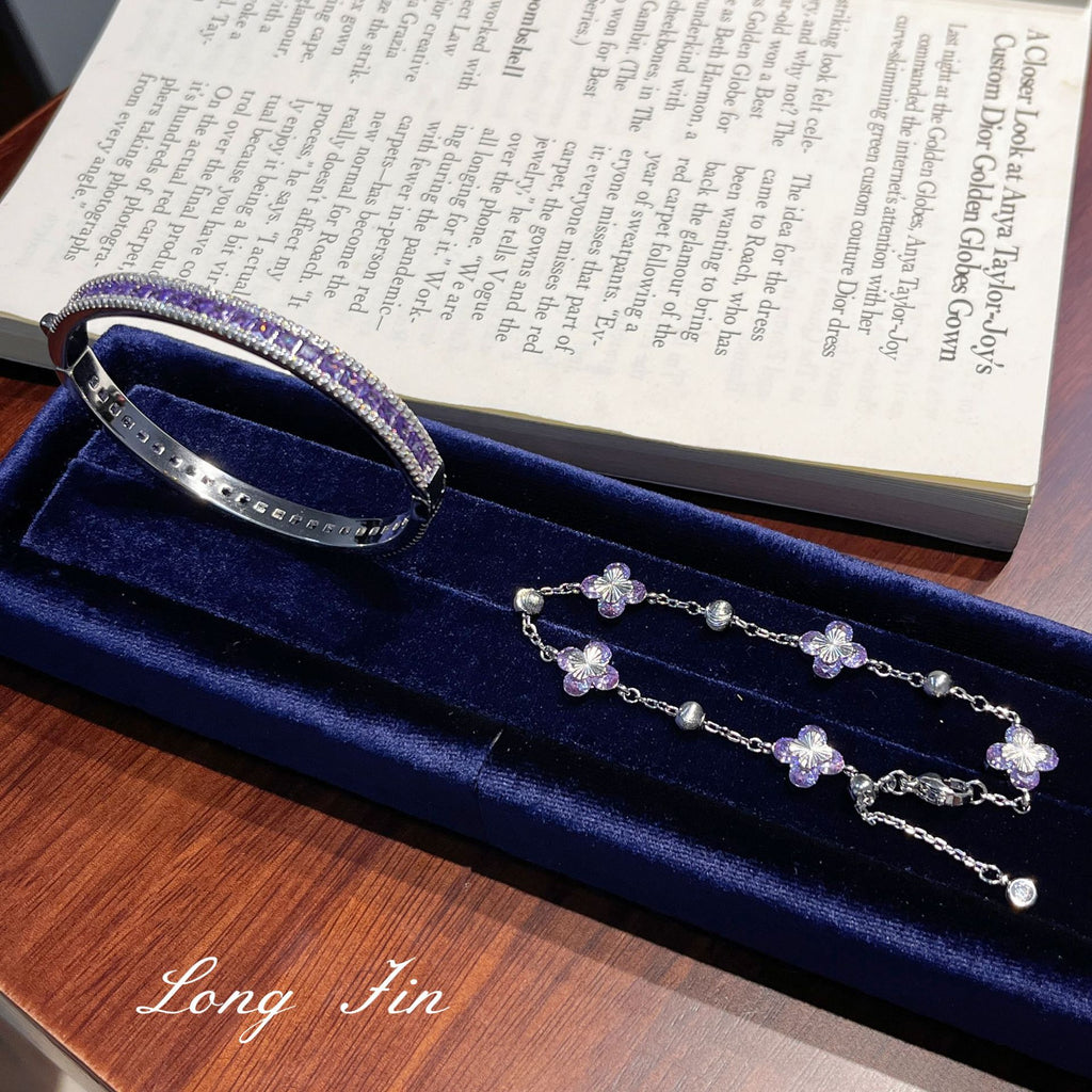 Purple Star Trail Bracelet Set – Full Pavé Cuff & Four-Leaf Clover Chain