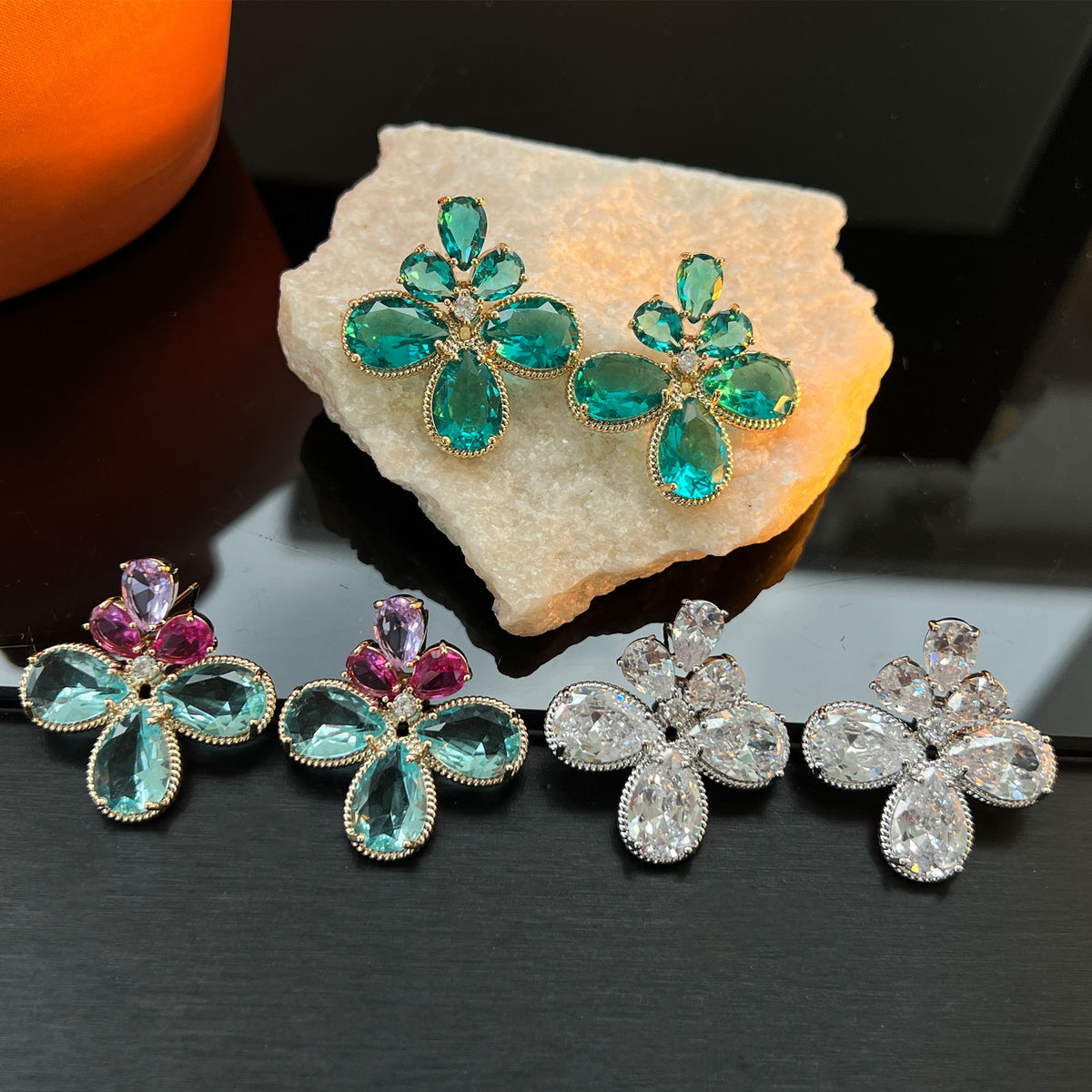 Color zirconium water drop stud earrings niche design sense