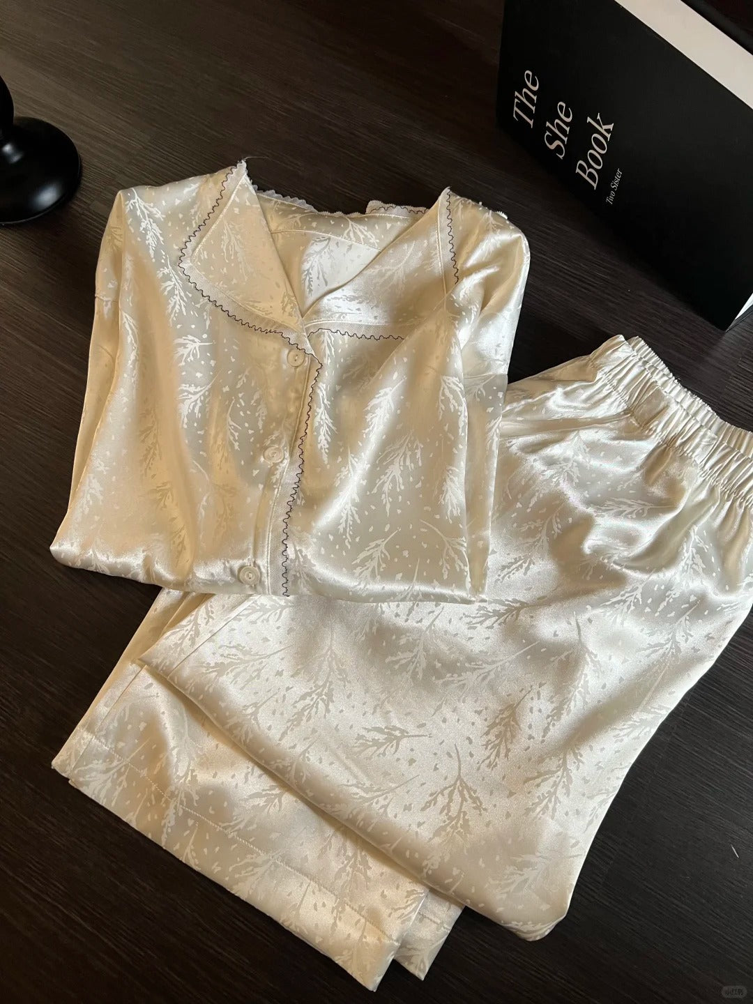 Light Luxury Lace Ice-Silk Pajama Set – Long Sleeve + Long Pants, S-3XL