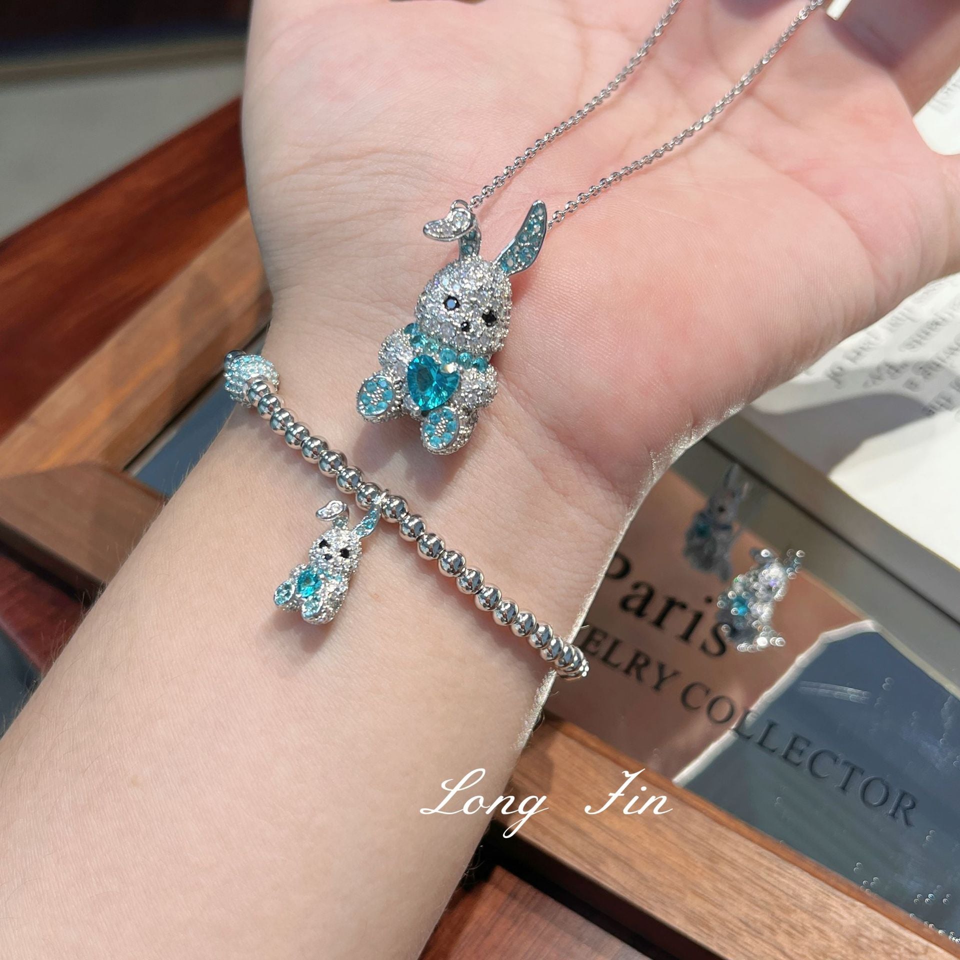 Blue Bunny Hug Jewelry Set – Paraiba Blue Rabbit Necklace, Ring, Earrings & Bracelet