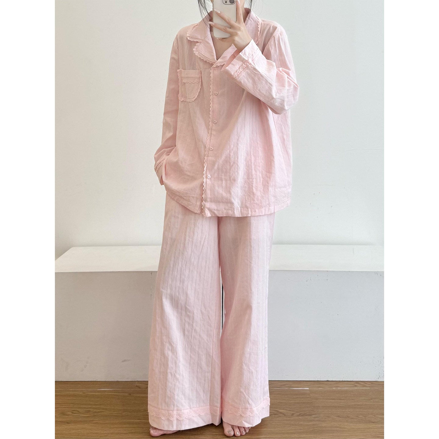 Spring Floral Lace Pajama Set – Lightweight Cotton Loungewear in Blue, White & Pink