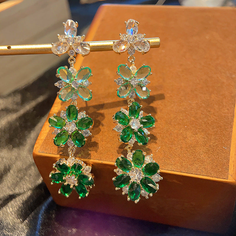 Gradient Flower Drop Earrings – Ombre Zirconia Long Earrings with