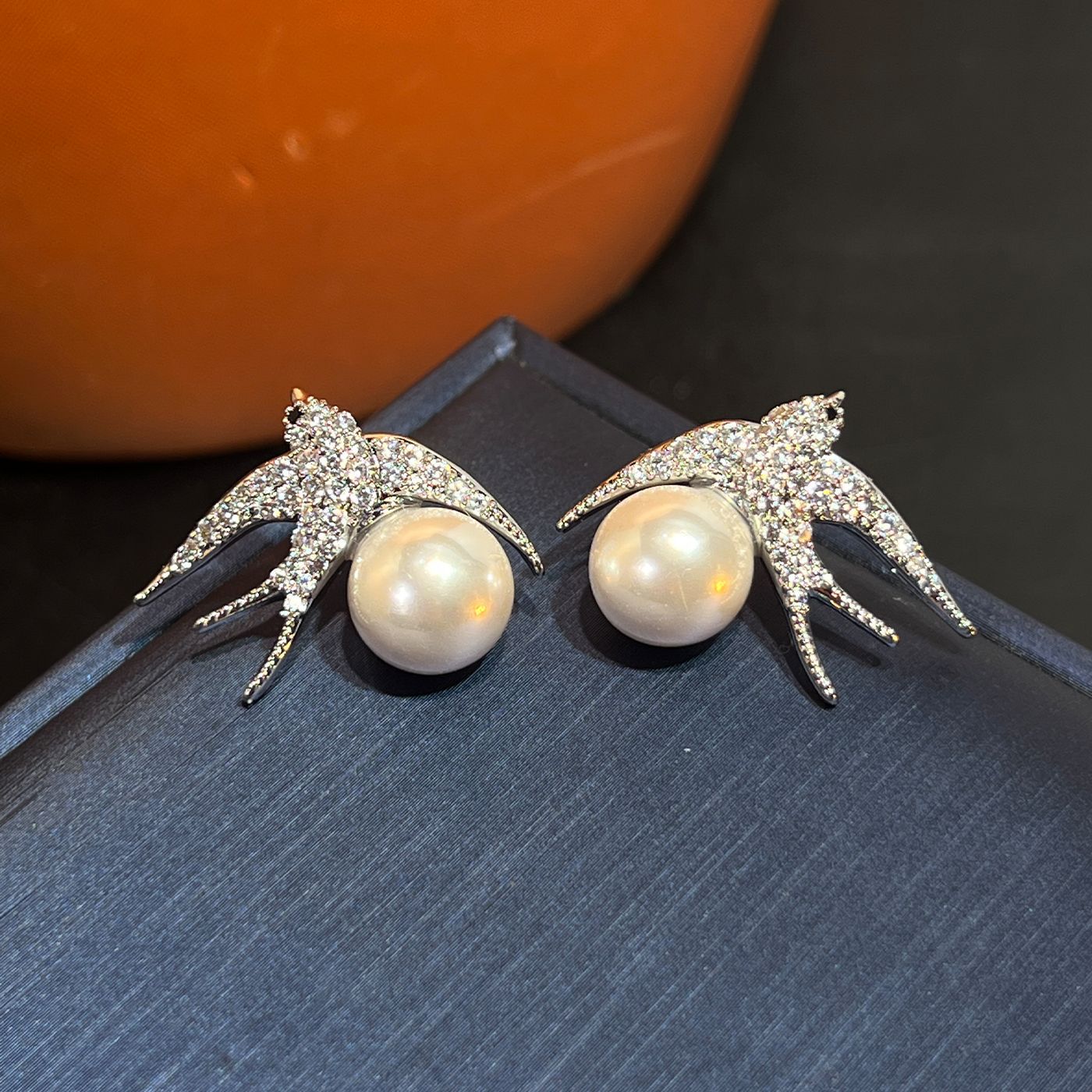 Swallow & Pearl Studs – 925 Silver, Blue/Pink/Silver