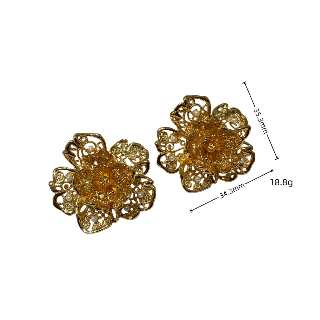 Lace Flower Pearl Earrings – 5‑Layer Gold Plated, Gold or Silver