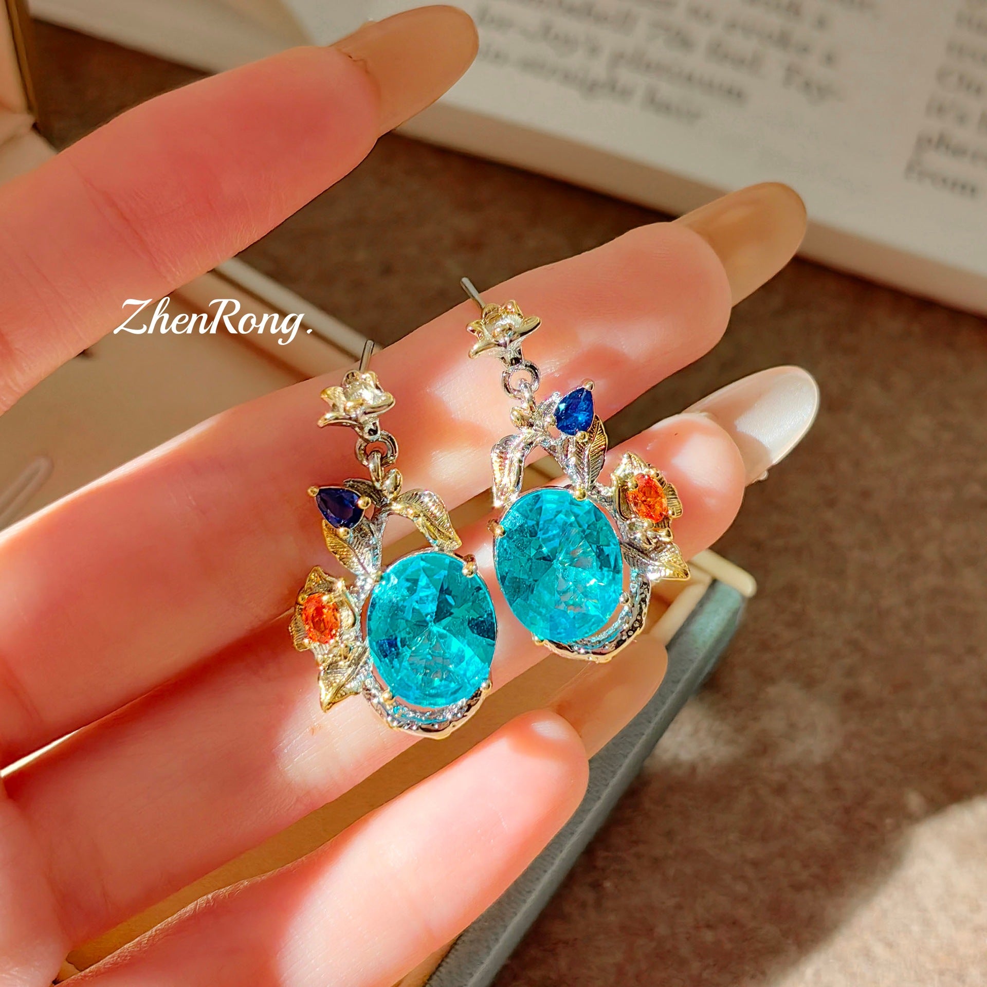 Italian Filigree Gem Set – Aqua Blue & Pink, with Chain