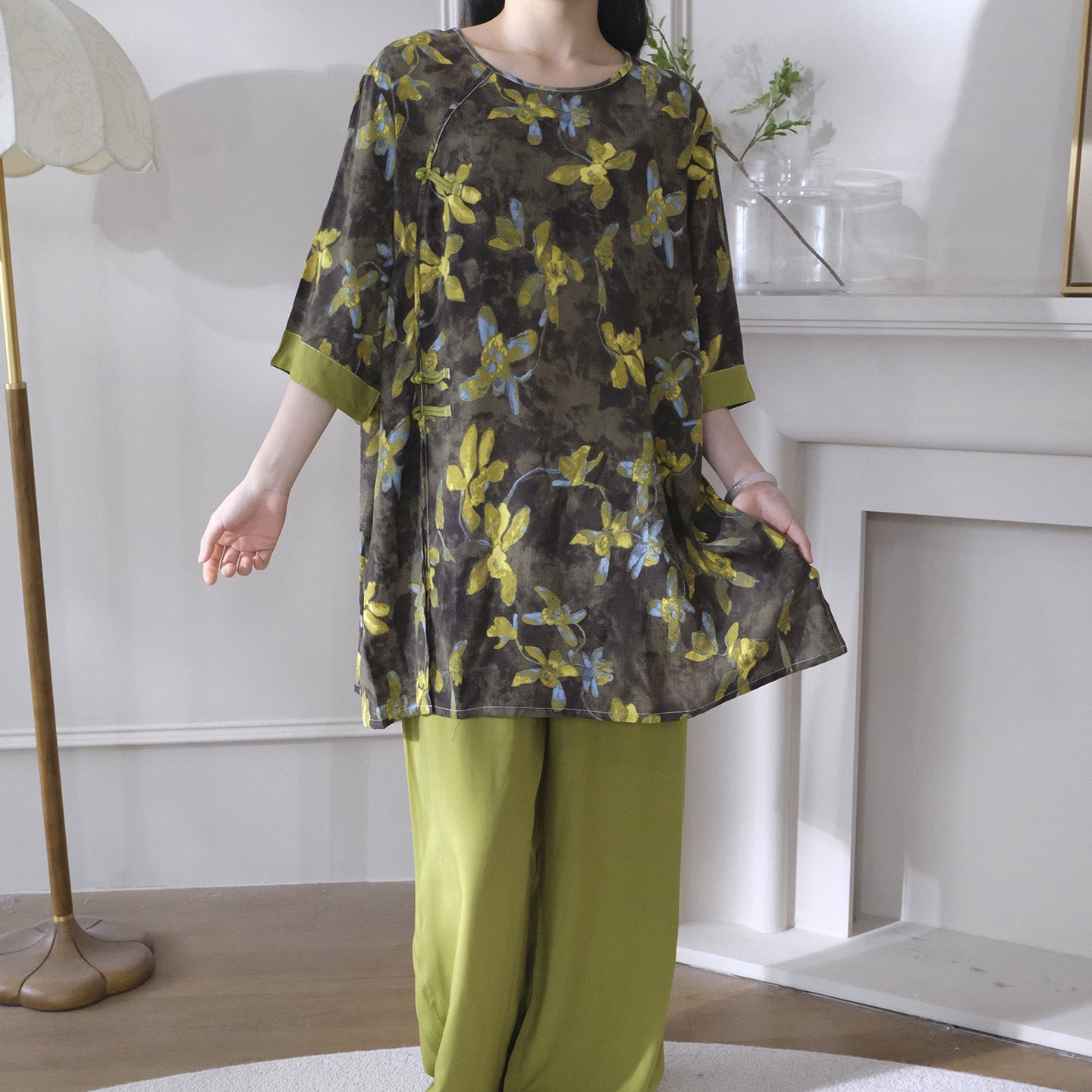 Flowy Wide-Leg Loungewear – Vintage Oriental Print, One Size Fits Most