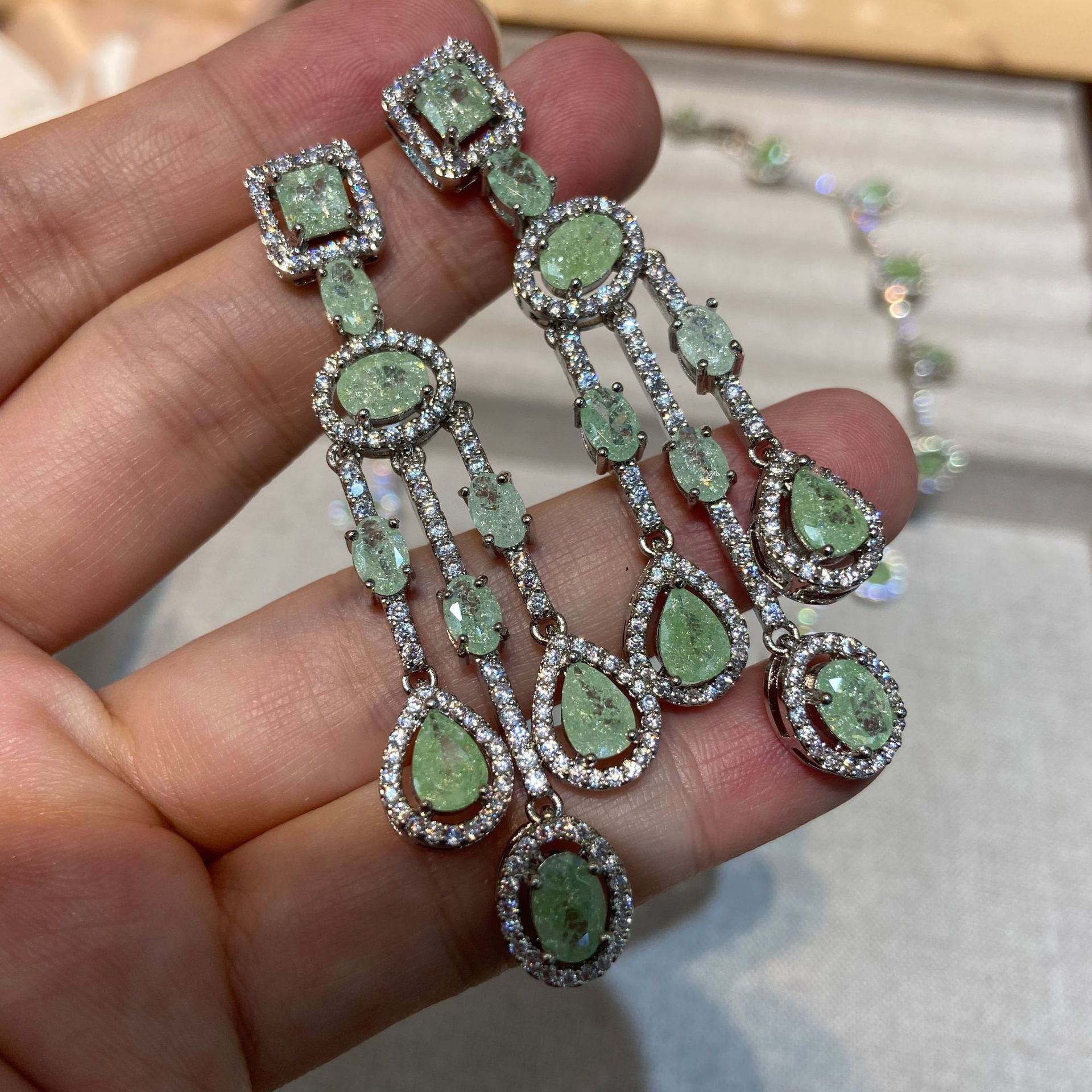 Italian Ice‑Cut Zirconia Set – Green Necklace & Earrings