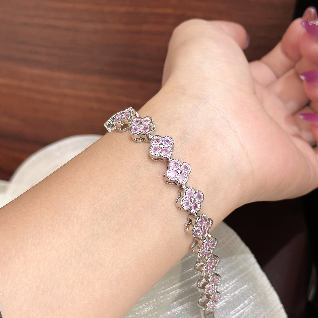 Full Pavé Four‑Leaf Bracelet – 5 Gem Colors, Champagne or White Gold