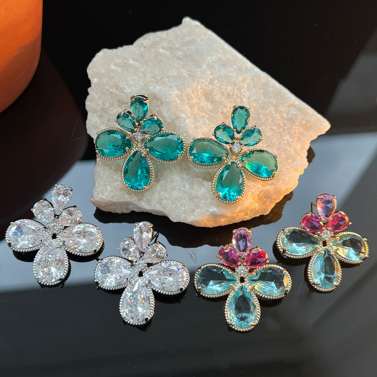 Color zirconium water drop stud earrings niche design sense
