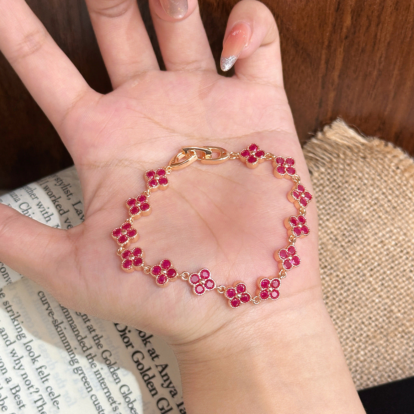 Full Pavé Four‑Leaf Bracelet – 5 Gem Colors, Champagne or White Gold