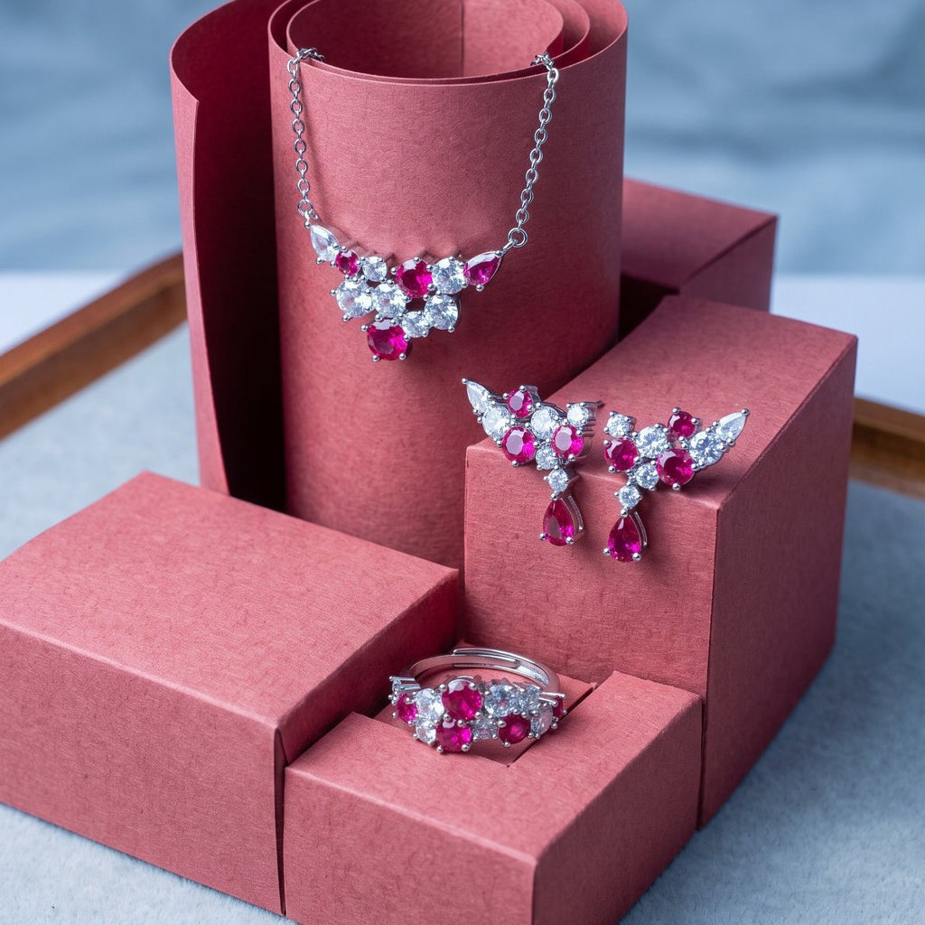 Crimson Bloom Jewelry Set – Ruby Red Zirconia Earrings, Ring & Necklace