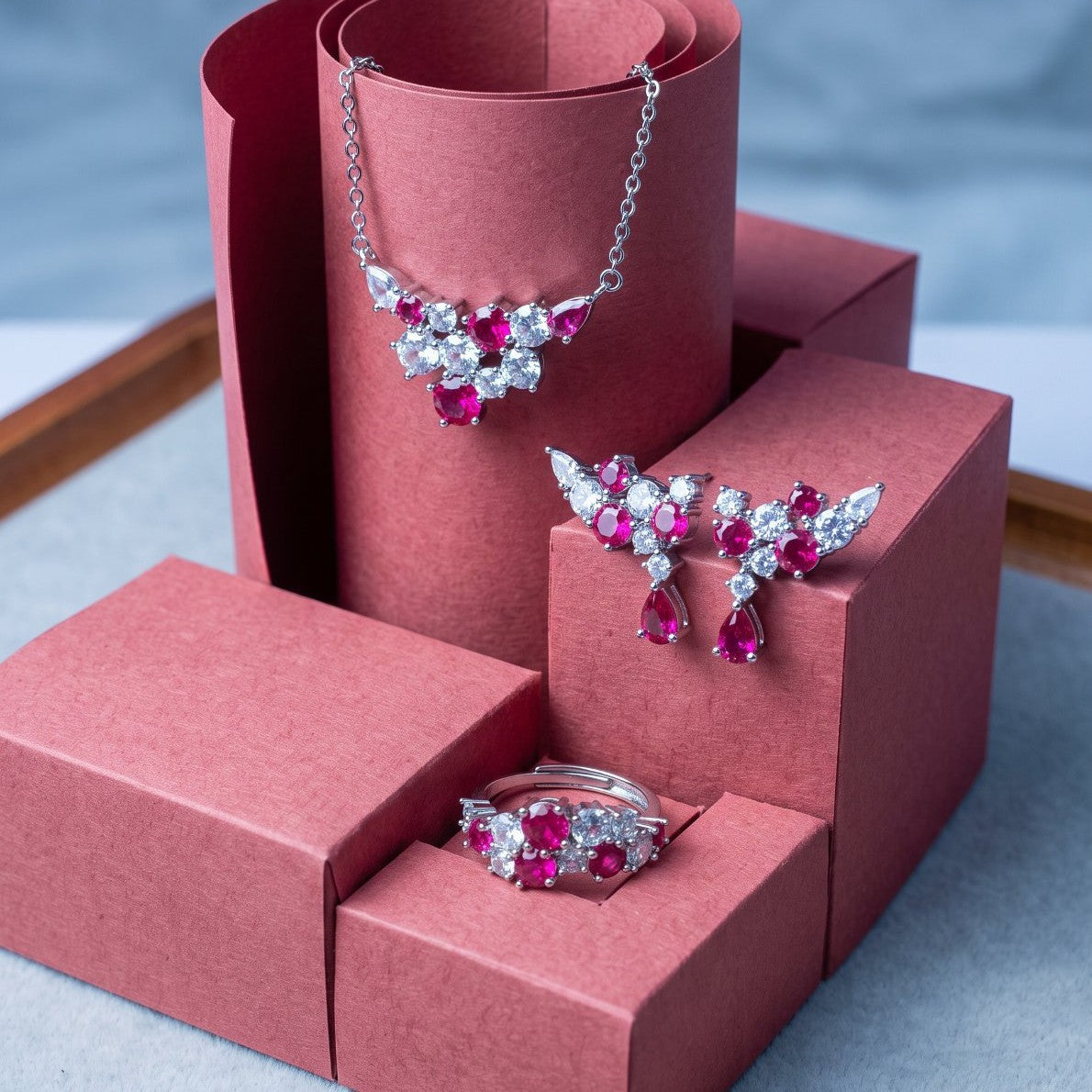 Crimson Bloom Jewelry Set – Ruby Red Zirconia Earrings, Ring & Necklace