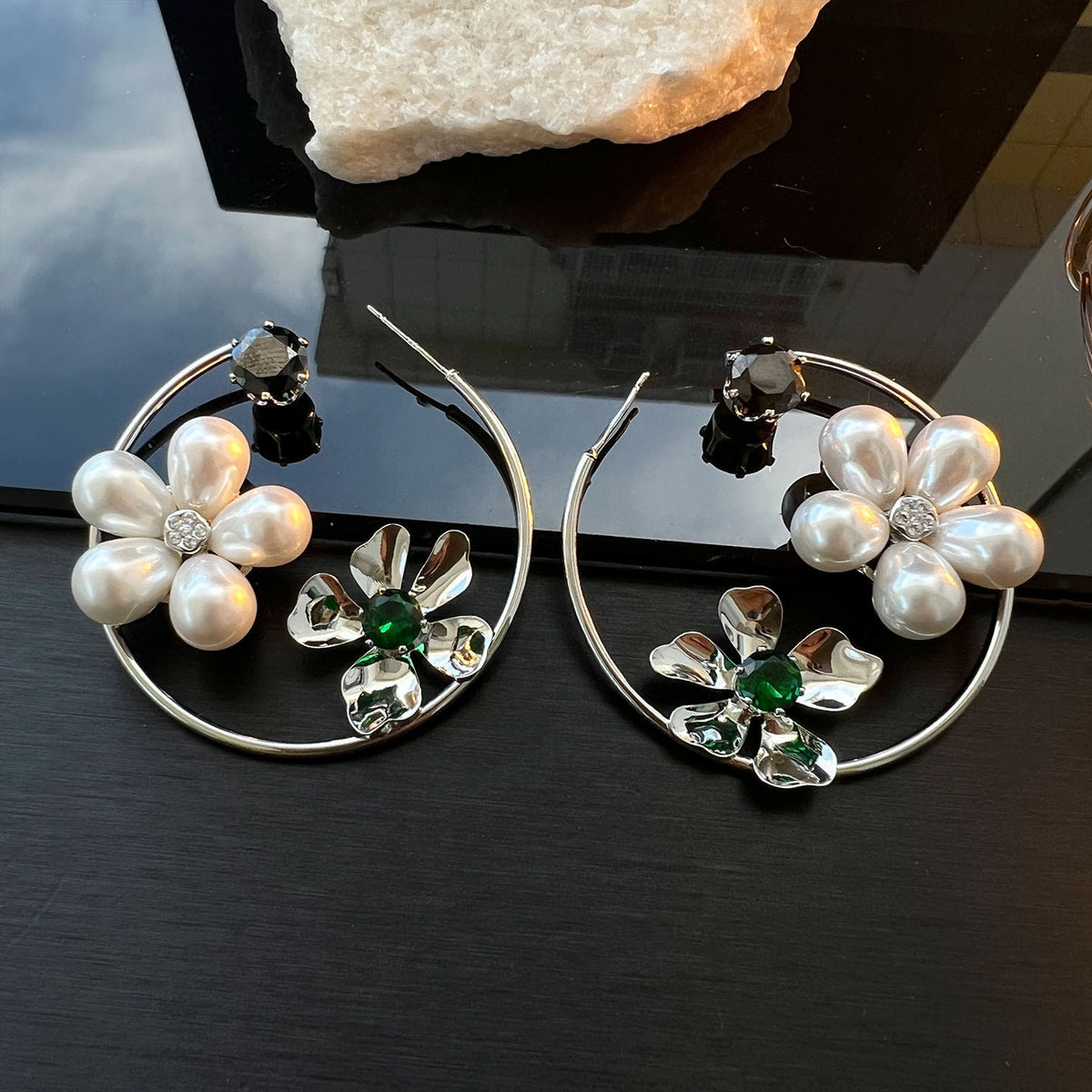 Silver Flower Pearl Earrings – Micro Pavé Zirconia, Sweet & Edgy