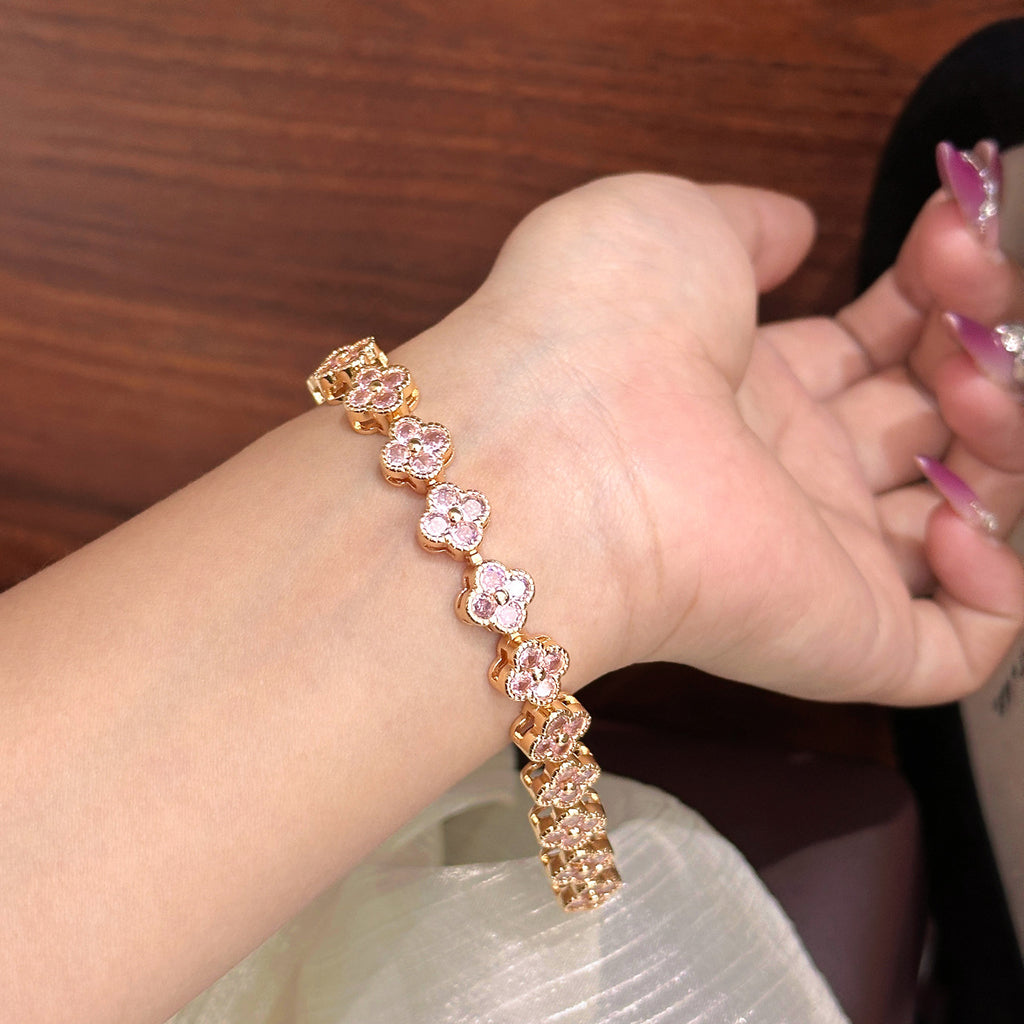 Full Pavé Four‑Leaf Bracelet – 5 Gem Colors, Champagne or White Gold