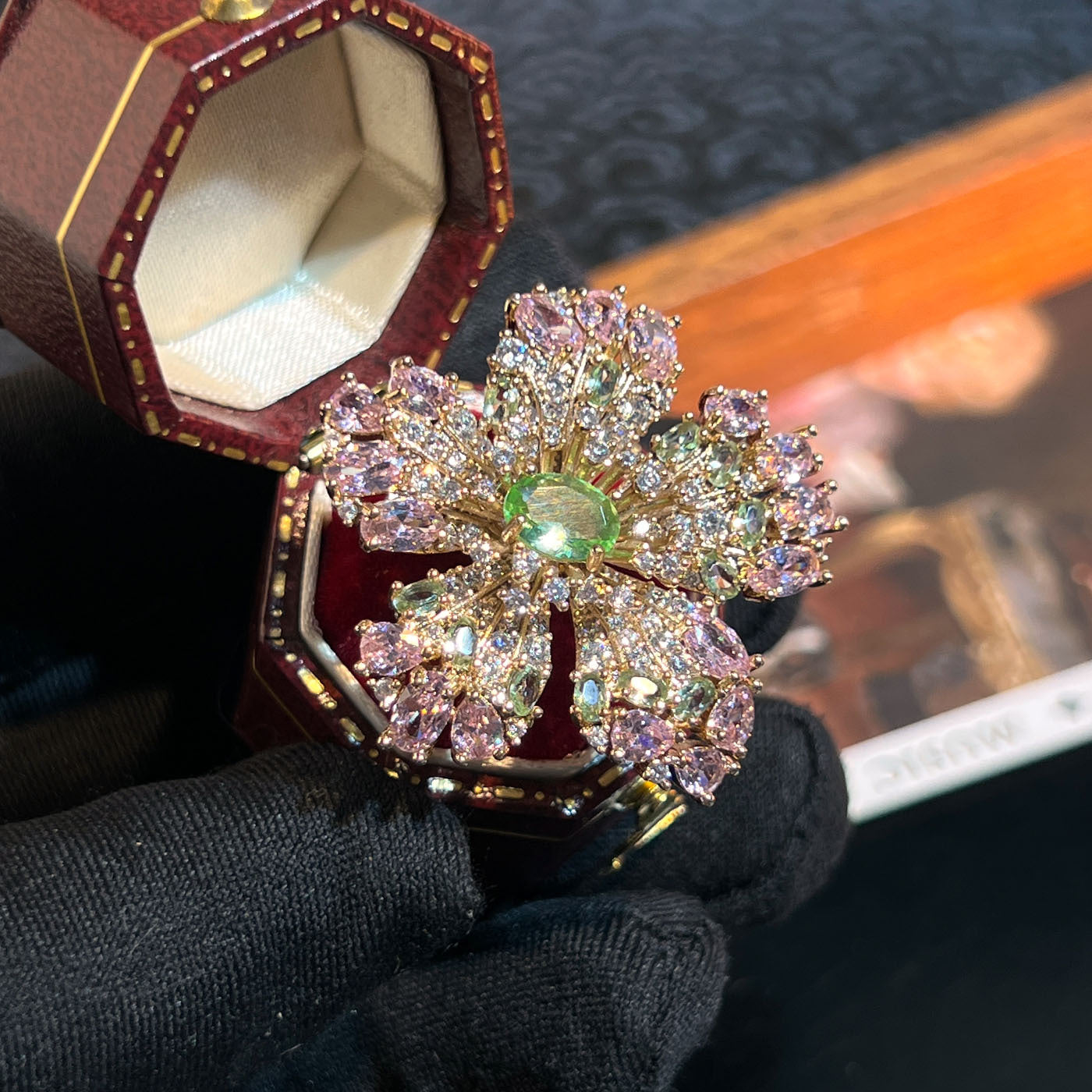 Pavé Flower Ring – Blue or Pink, Adjustable Open Band
