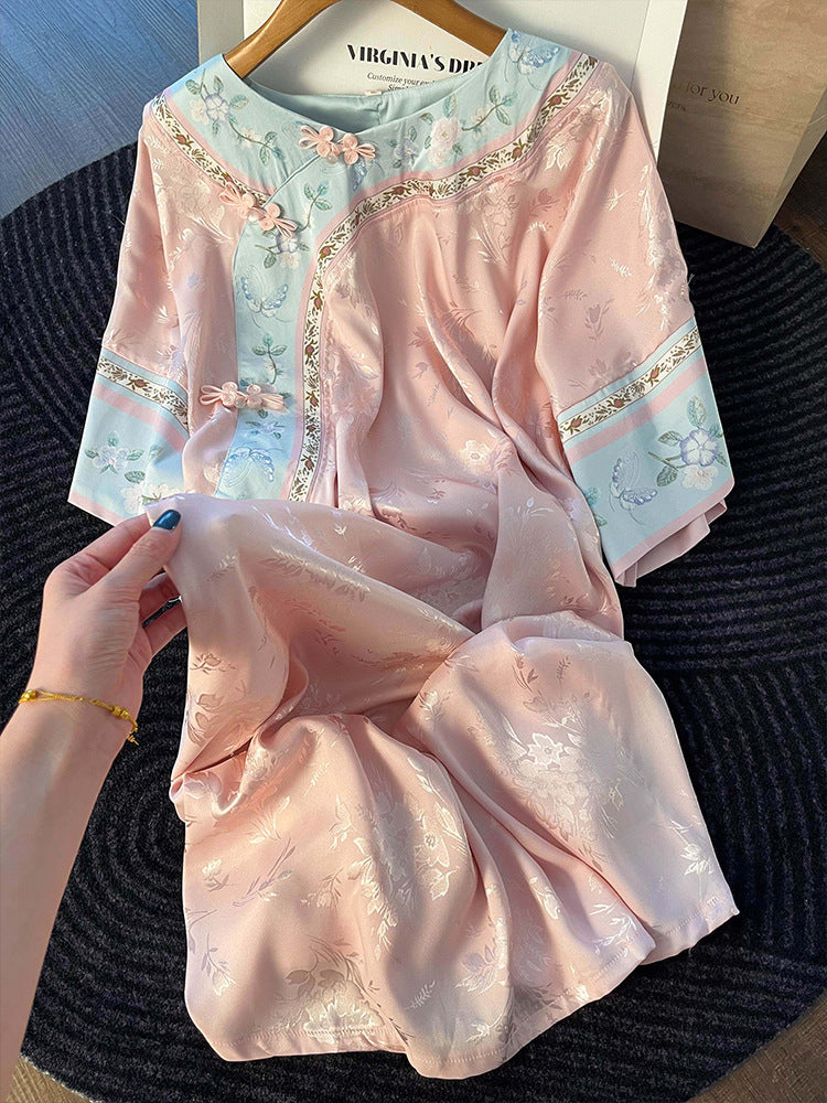 Pink Sweet Chinese-Style Sleep Dress – Short Sleeve, Floral Jacquard, S-3XL