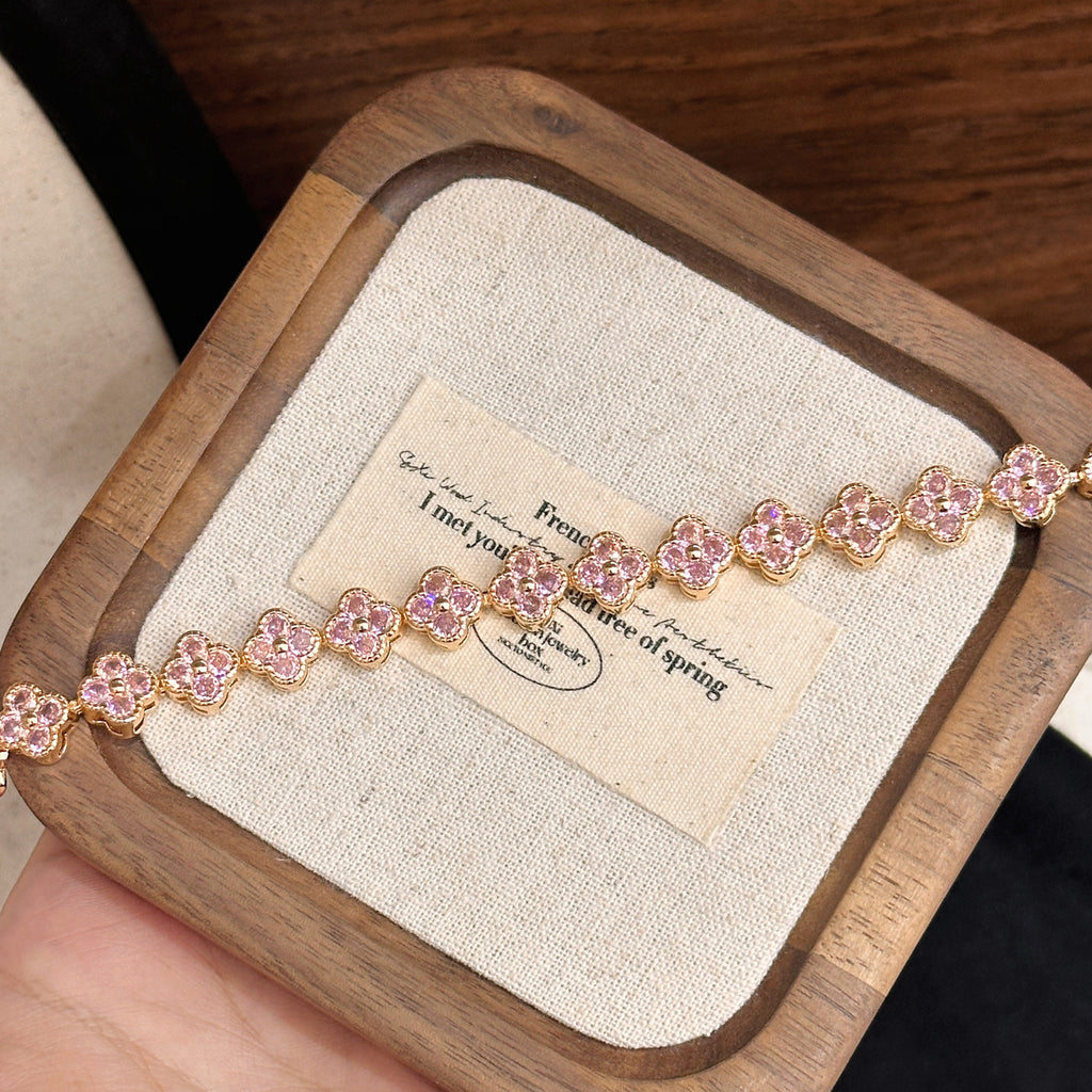 Full Pavé Four‑Leaf Bracelet – 5 Gem Colors, Champagne or White Gold