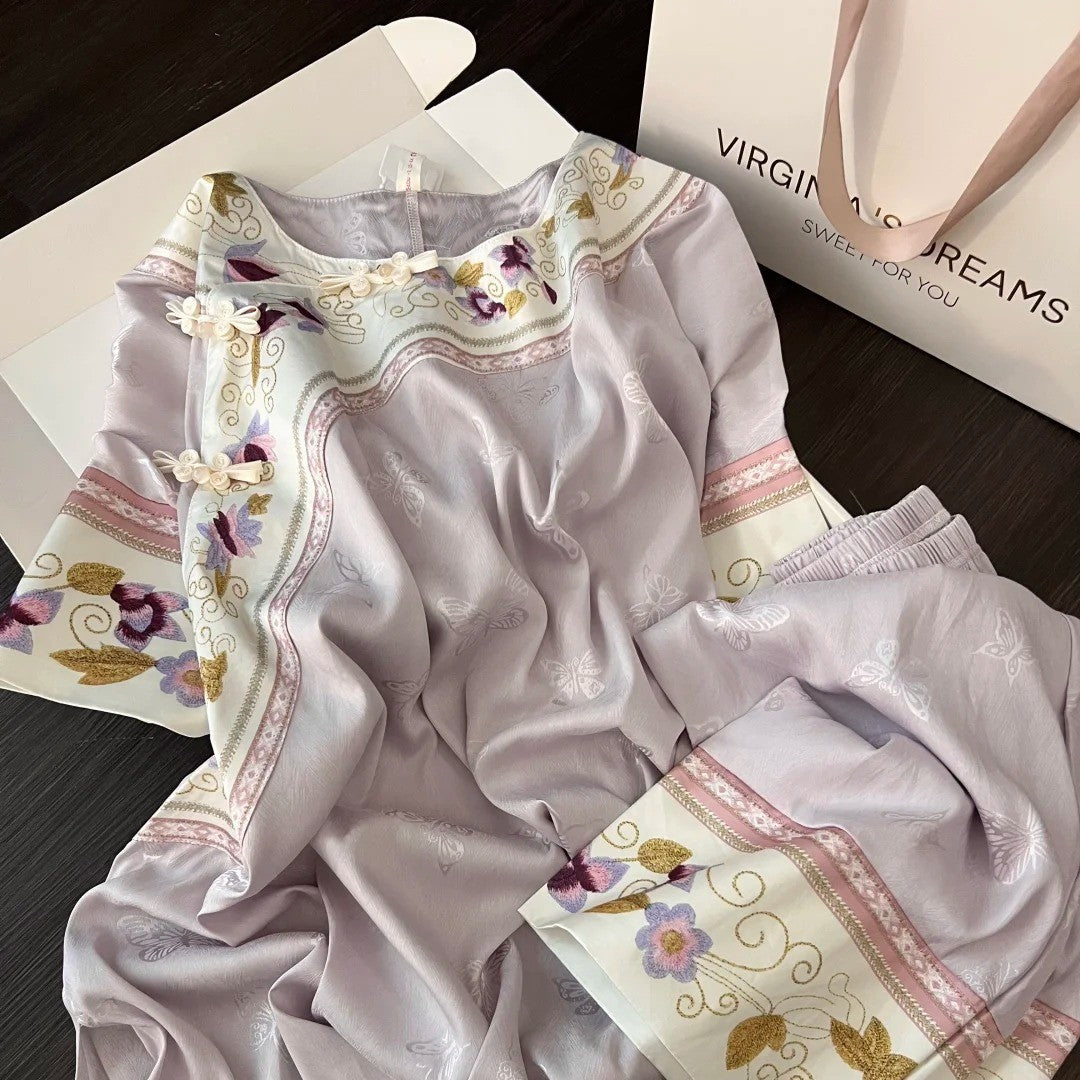 Vintage Purple Floral Pajama Set – Summer Short Sleeve + Long Pants, S-3XL