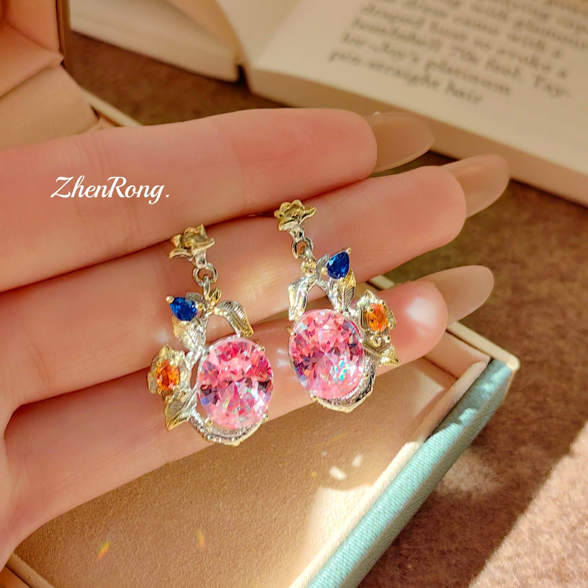 Italian Filigree Gem Set – Aqua Blue & Pink, with Chain