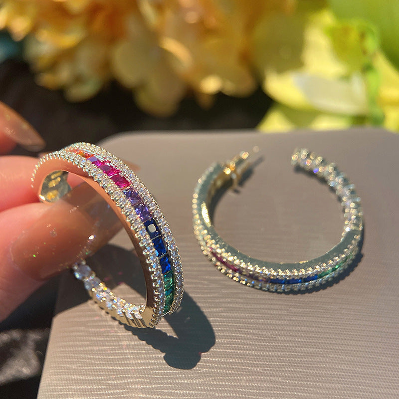 Rainbow Gradient Hoop Earrings – 925 Silver Posts, Ombre Color Circle