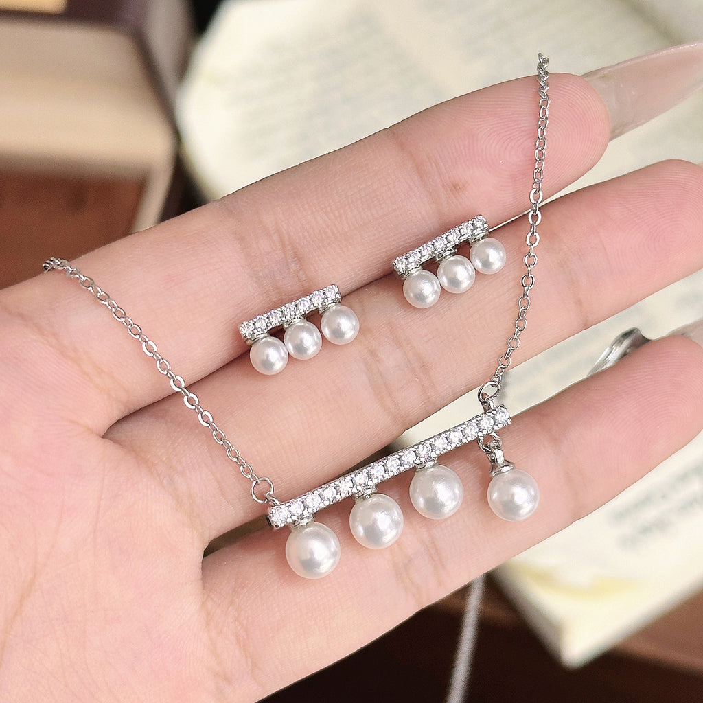 Balance Bar Pearl Necklace & Earrings – 18k Gold Plated, Champagne or White Gold