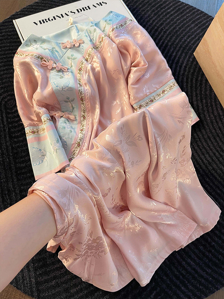 Pink Sweet Chinese-Style Sleep Dress – Short Sleeve, Floral Jacquard, S-3XL