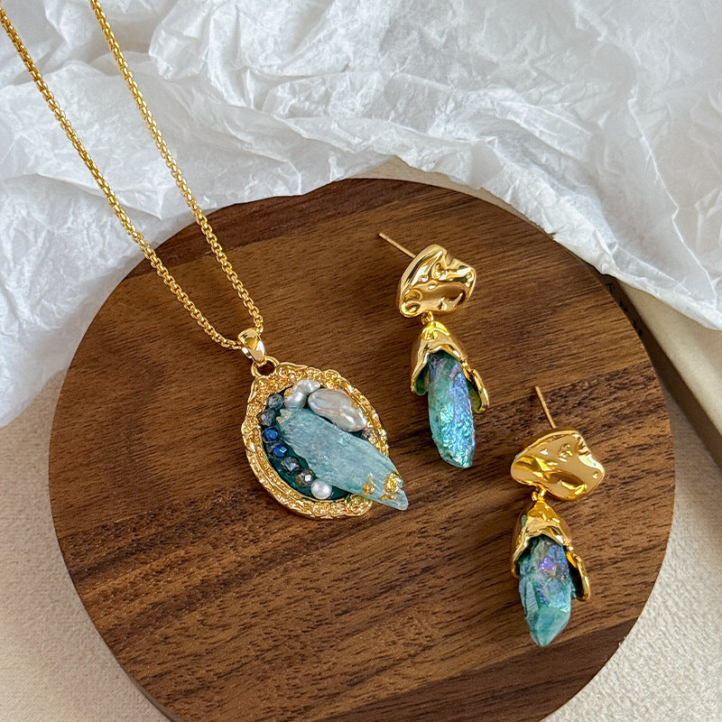 Natural Blue Crystal & Pearl Set – 18K Gold Plated Earrings & Necklace for Women
