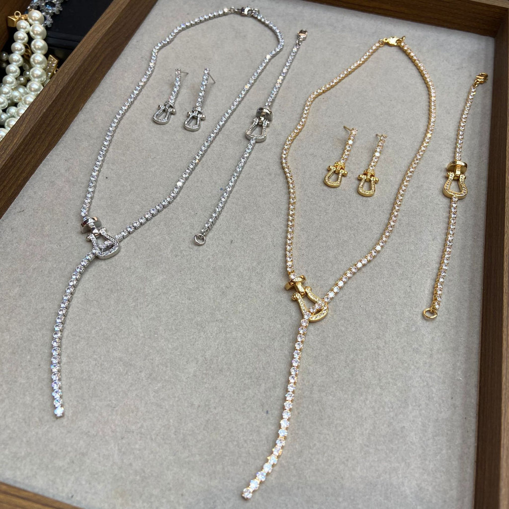 Horseshoe Tassel Earrings & Necklace – Full Pavé, Gold or Silver