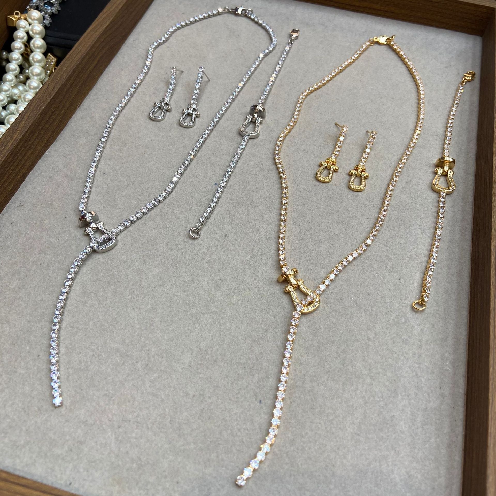 Horseshoe Tassel Earrings & Necklace – Full Pavé, Gold or Silver