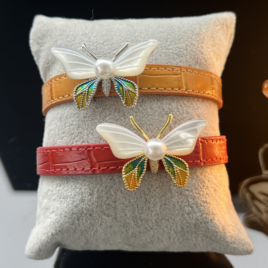 Abalone Flower Leather Bracelet – Red or Orange