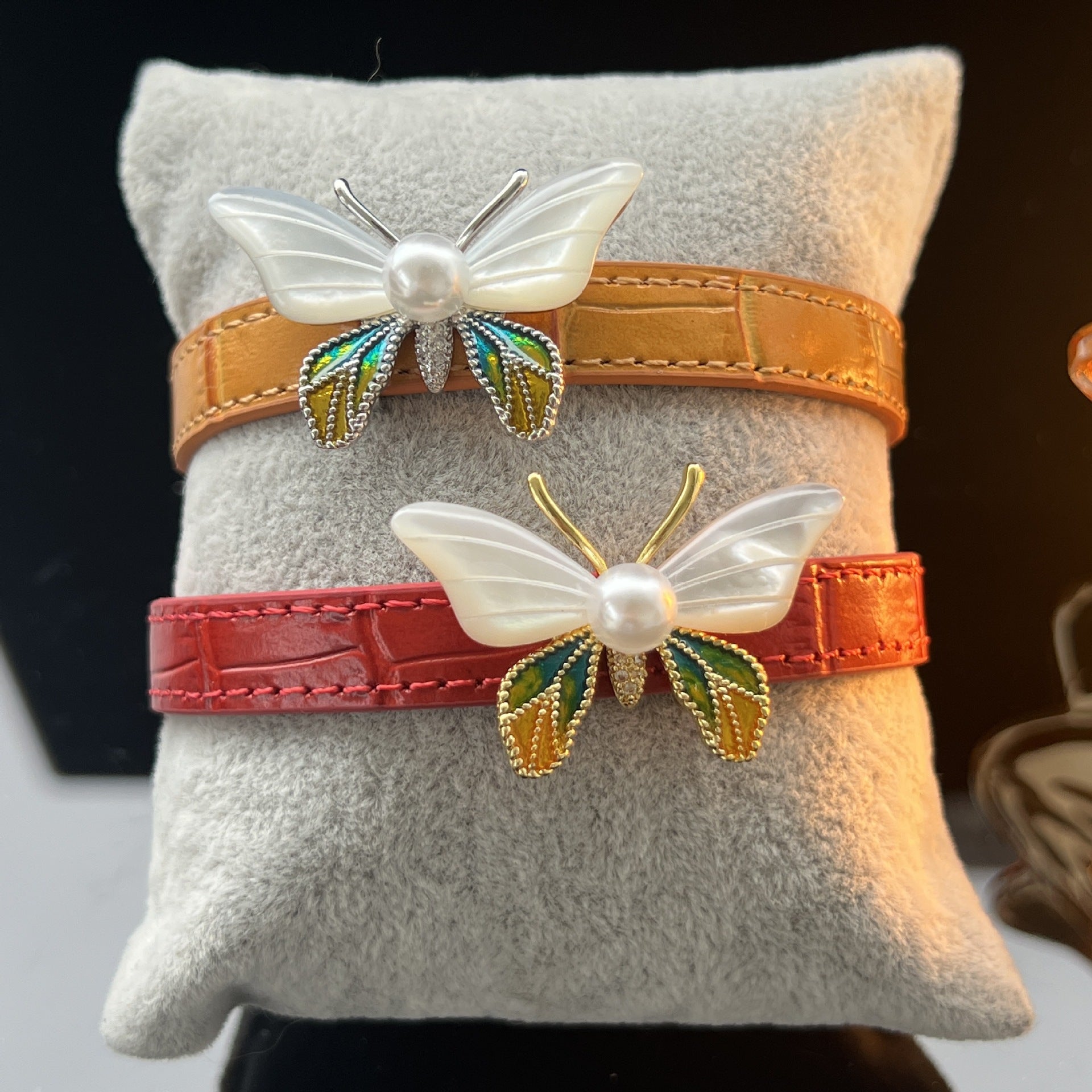 Abalone Flower Leather Bracelet – Red or Orange