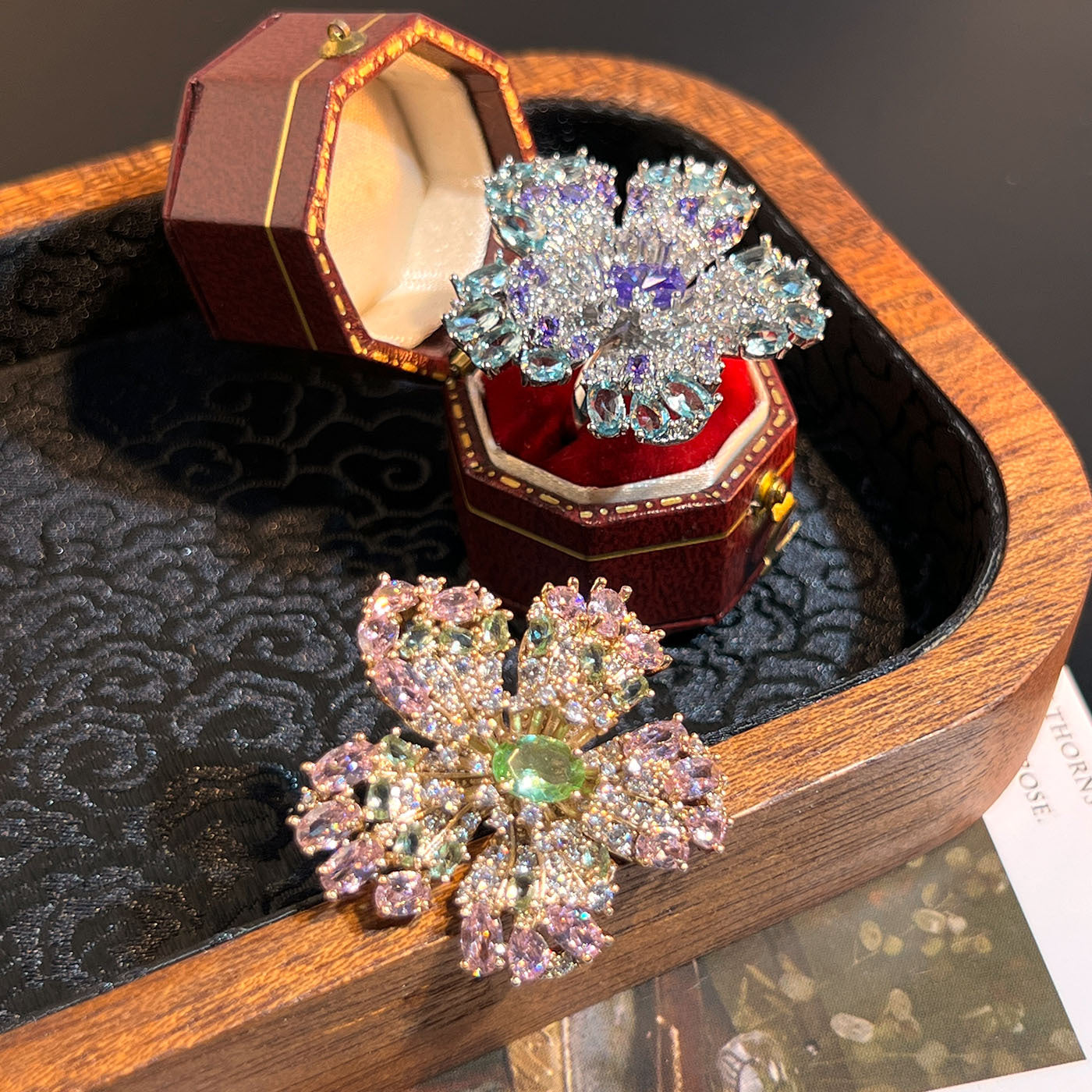 Pavé Flower Ring – Blue or Pink, Adjustable Open Band