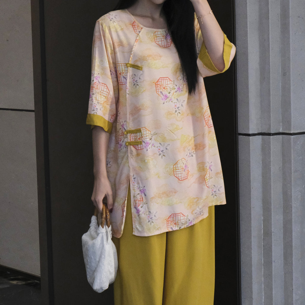 Flowy Wide-Leg Loungewear – Vintage Oriental Print, One Size Fits Most