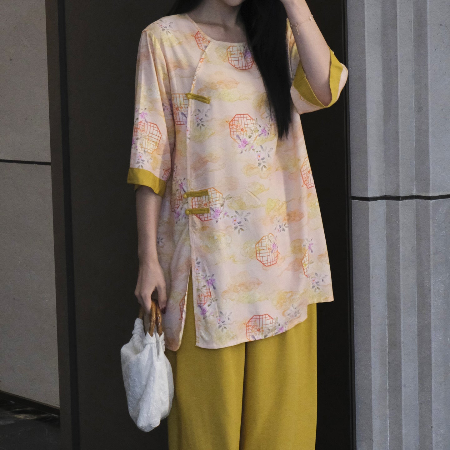 Flowy Wide-Leg Loungewear – Vintage Oriental Print, One Size Fits Most