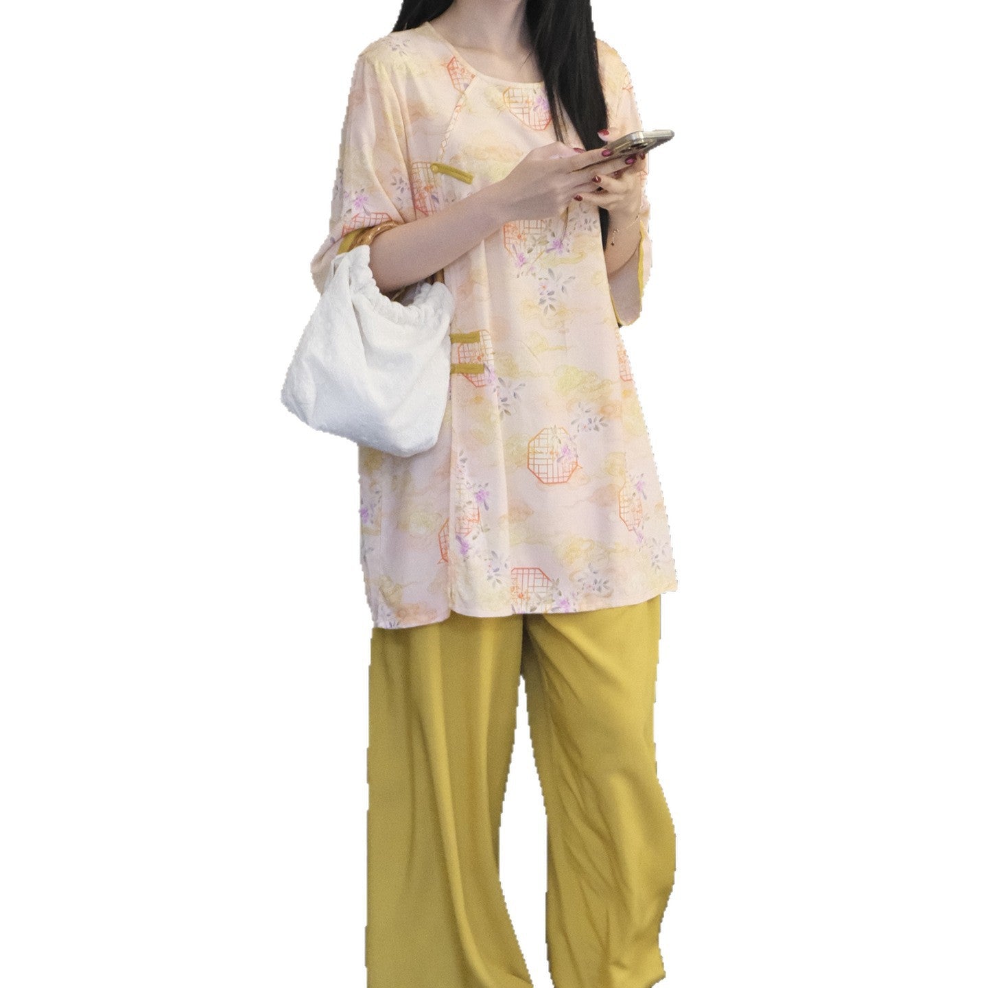 Flowy Wide-Leg Loungewear – Vintage Oriental Print, One Size Fits Most