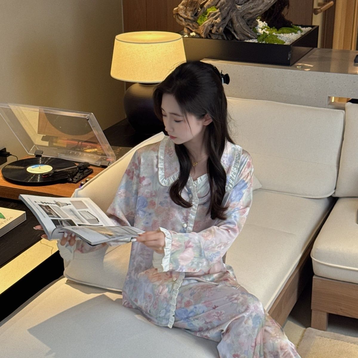 Blossom Print Cardigan Pajama Set – Built-in Bra Pads, Long Sleeve + Long Pants
