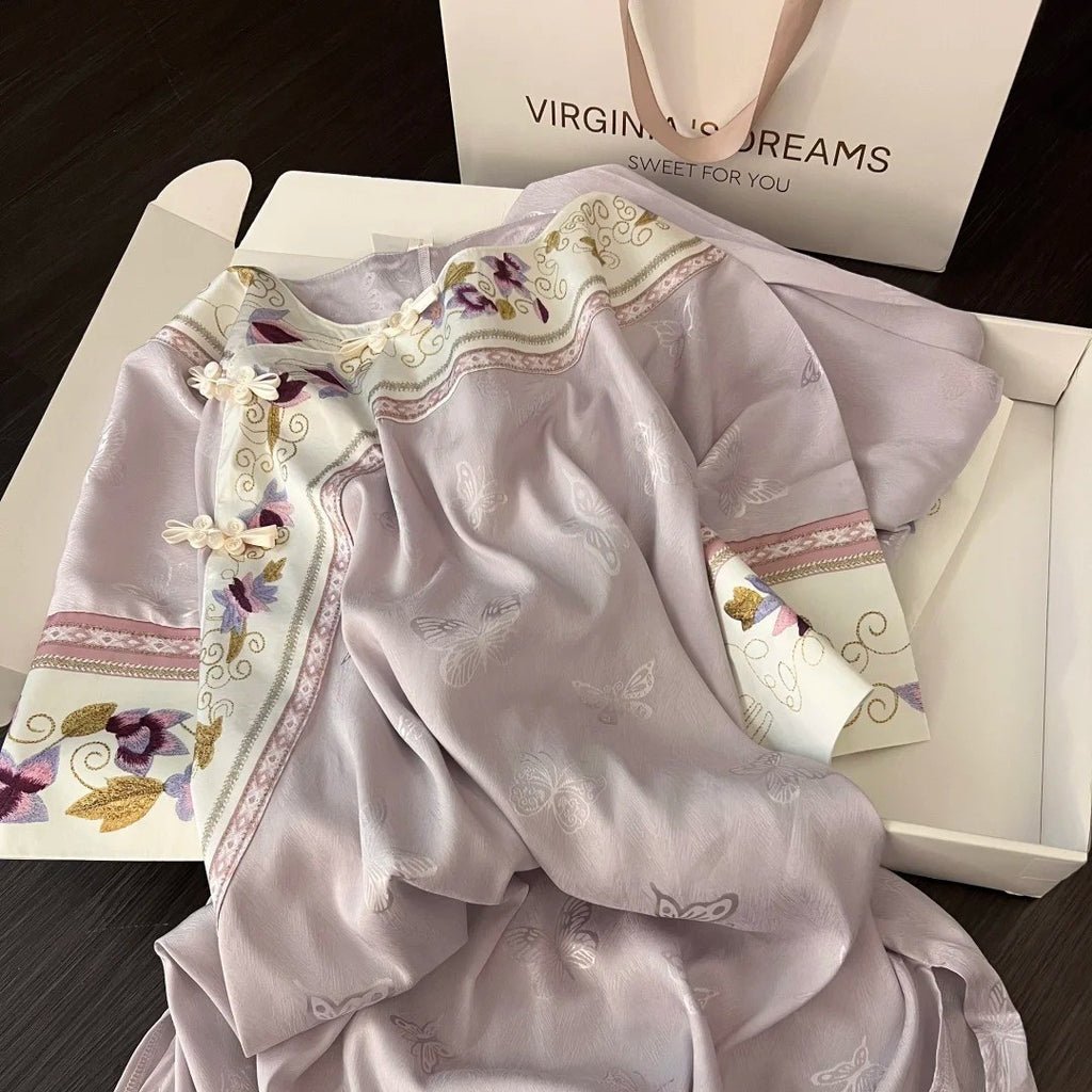 Vintage Purple Floral Pajama Set – Summer Short Sleeve + Long Pants, S-3XL