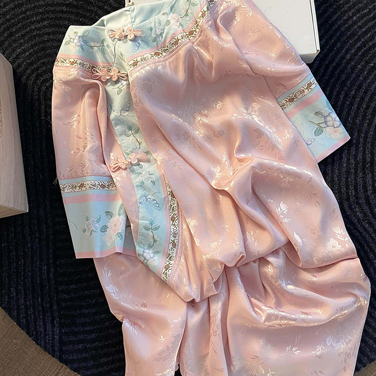 Pink Sweet Chinese-Style Sleep Dress – Short Sleeve, Floral Jacquard, S-3XL