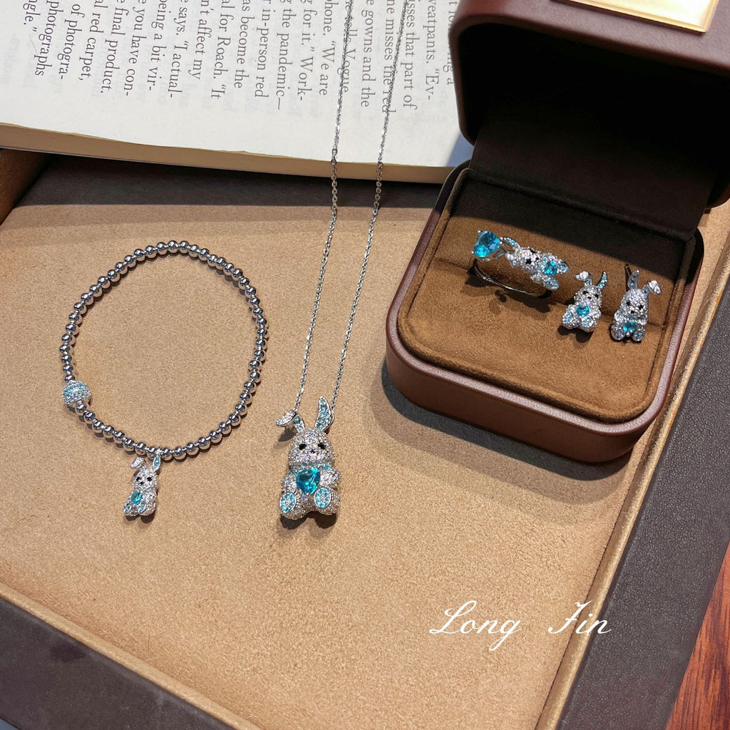 Blue Bunny Hug Jewelry Set – Paraiba Blue Rabbit Necklace, Ring, Earrings & Bracelet