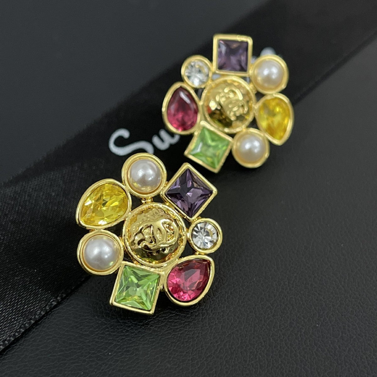 Candy‑Color Square Gem Double‑C Earrings – Gold Flower Base with Baroque Pearl