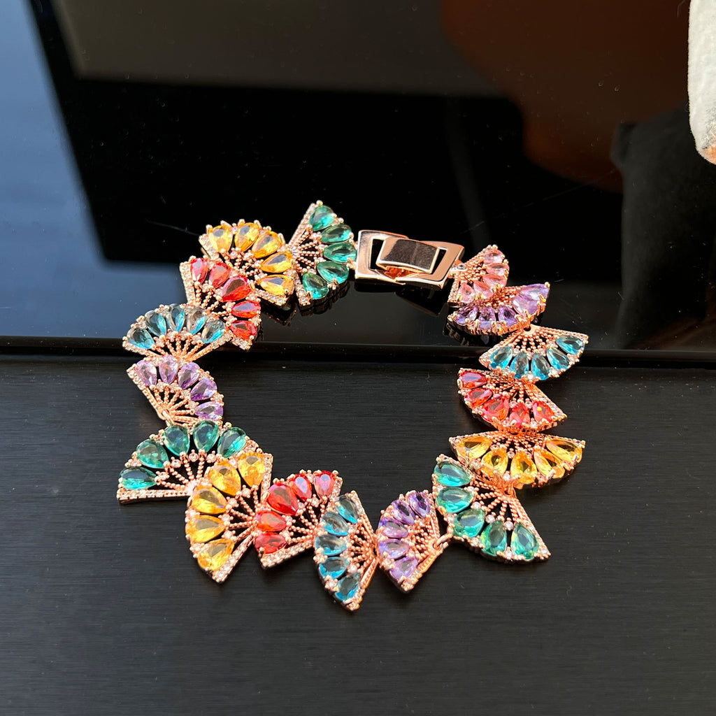 Rose Gold Gradient Fan Bracelet & Earrings – Rainbow Pavé