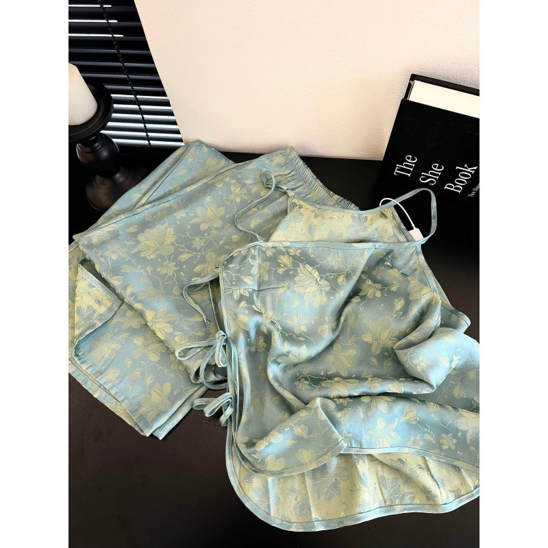 Elegant Chinese-Style Ice-Silk Pajamas – Adjustable Camisole & Wide-Leg Pants