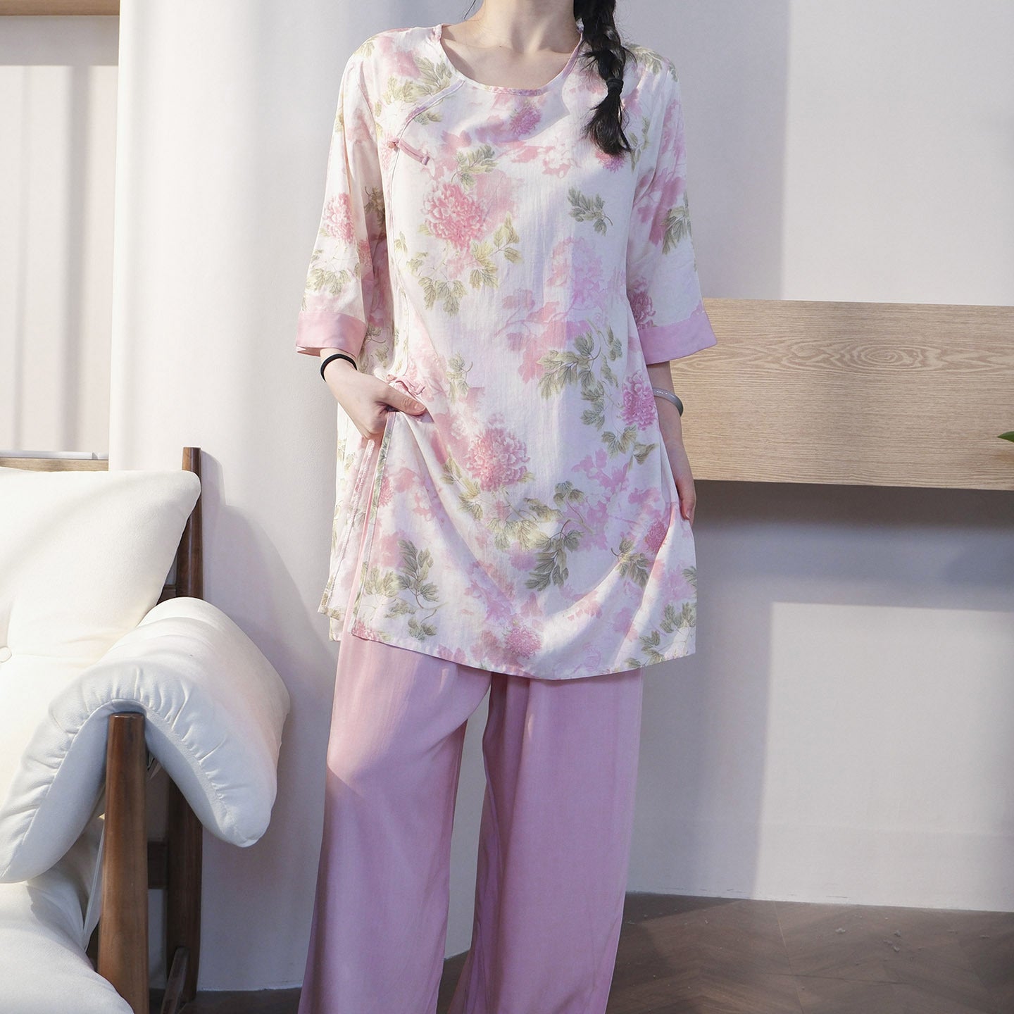 Flowy Wide-Leg Loungewear – Vintage Oriental Print, One Size Fits Most