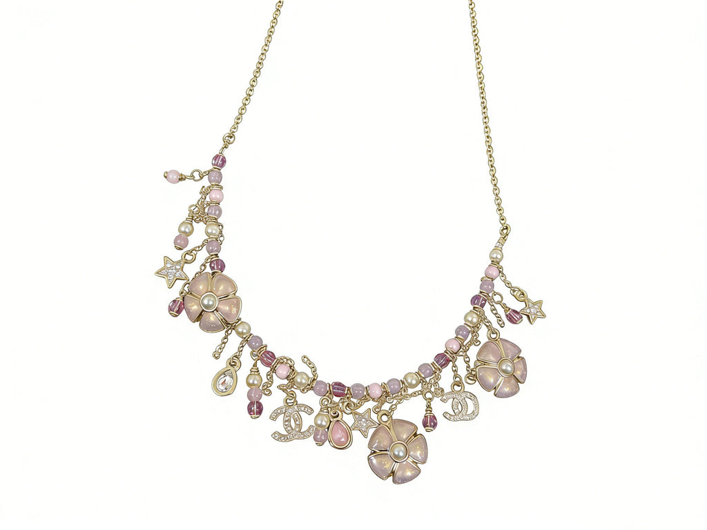 Camellia Tassel Necklace – Pearl & Flower Long Pendant in Pink or Black