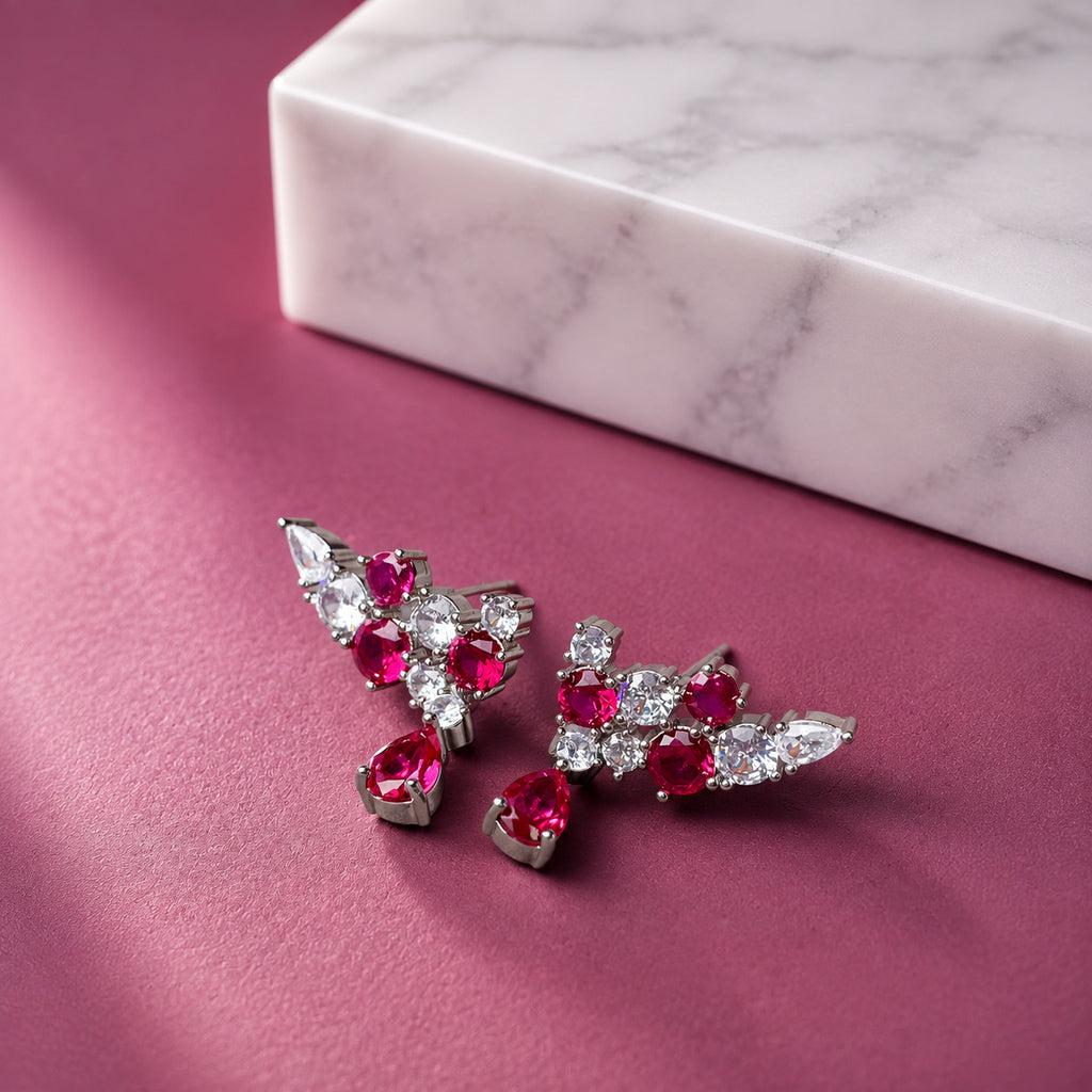 Crimson Bloom Jewelry Set – Ruby Red Zirconia Earrings, Ring & Necklace